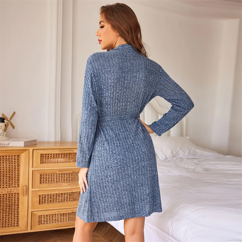 Women's Home Wear Sleeping Robe Knitted Stripe Bathrobe Pocket Knee Length Robes Spring Autumn Long Sleeve Bathrobe Female