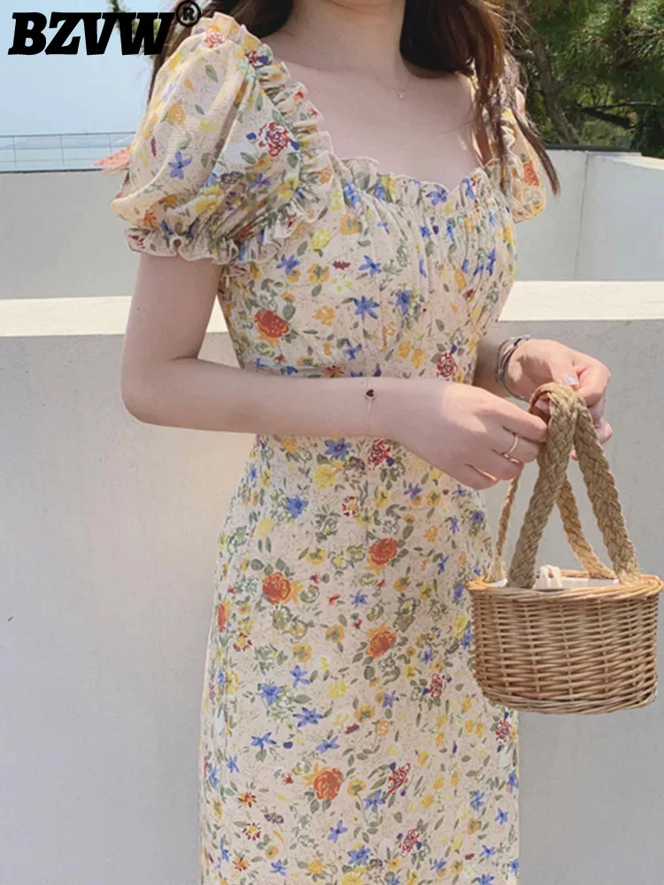 

BZVW Women Sweet Printing High Waist A-line Dresses Square Collar Puff Sleeve Lightweight Vestidos Spring Summer 2024 25C0028