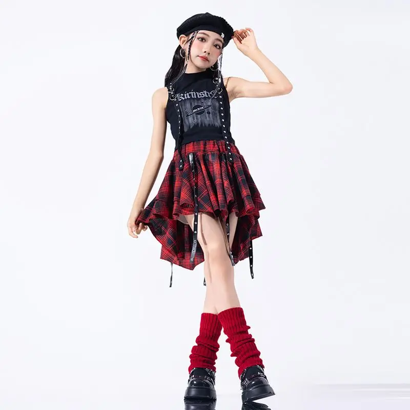 Hip Hop Girls Crop Top Plaid Street Dance Skirt Kids Ribbon Pleated Skirts Teens Jazz Cool Costumes Child Streetwear Clothes Set 1