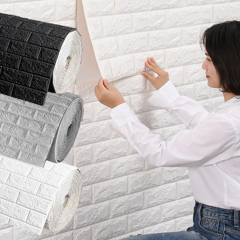 วอลเปเปอร์ติดผนังลายอิฐ 3 มิติ สีพื้น กันน้ำ สำหรับตกแต่งบ้าน ห้องครัว ห้องนอน ห้องนั่งเล่น แบบติดผนัง 1