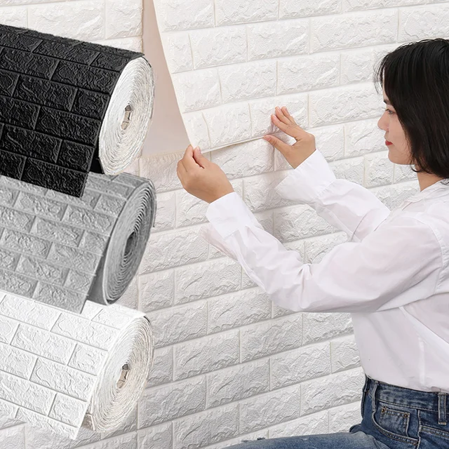 วอลเปเปอร์ติดผนังลายอิฐ 3 มิติ สีพื้น กันน้ำ สำหรับตกแต่งบ้าน ห้องครัว ห้องนอน ห้องนั่งเล่น แบบติดผนัง 1
