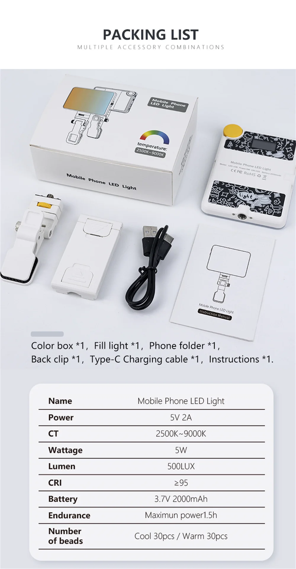 Luz de preenchimento, Ajustável, Modo 3, Clip-on,