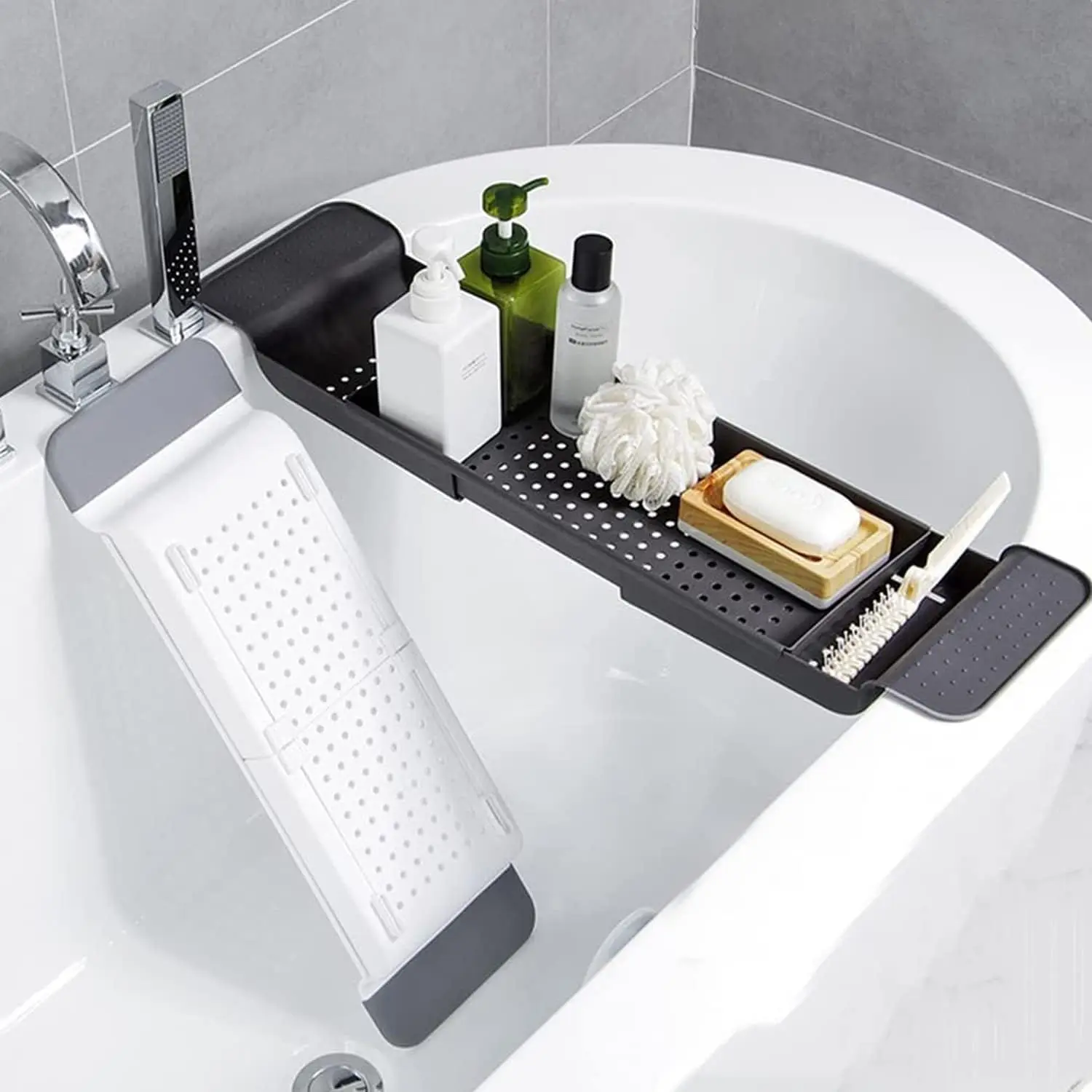 Expandable Drain Bath Shelf Caddy Tray, Multifunctional Plastic Bathtub Tray Bathroom Organizer Storage Rack for Book, Shower