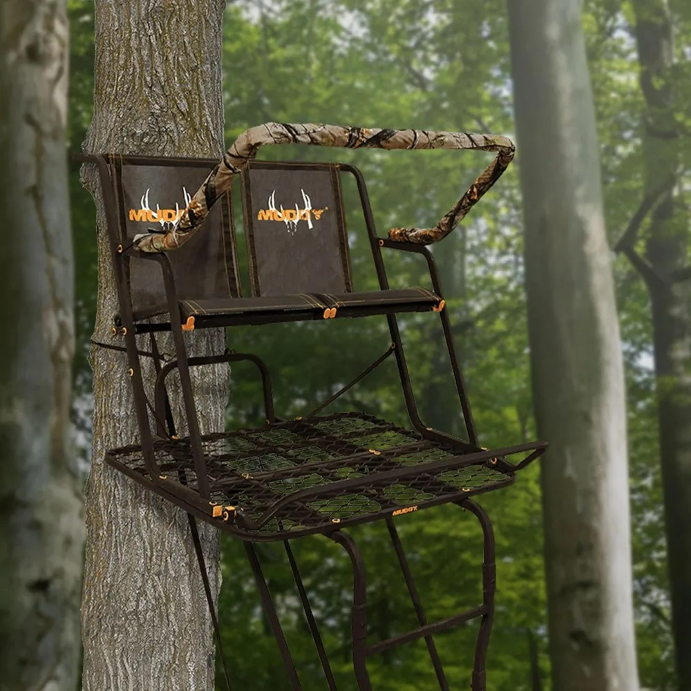 Black 17-Foot Adjustable Two-Person Deer Hunting Ladder Tree Stand with Platform