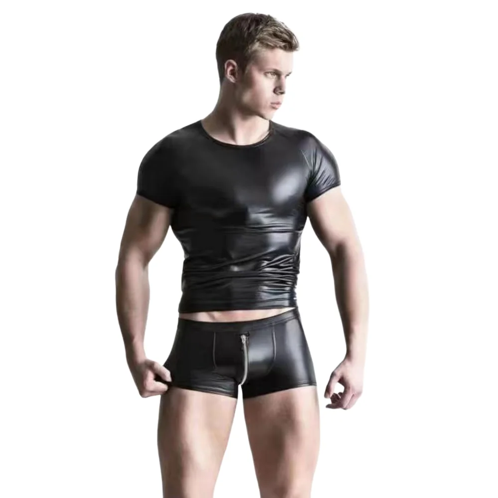 Men Leggings Men's Panties Sexy Underwear Sex Suit Nightclub Stage Clothing Matte Leather T-Shirt Tights Crotch Leather Shorts Exotic Apparel