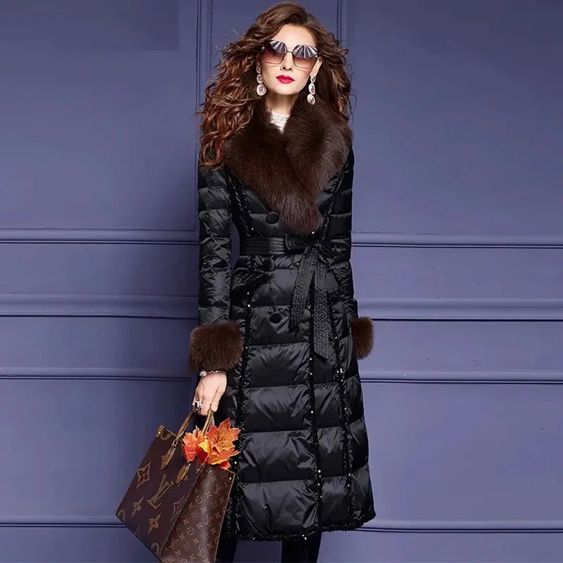 

2023 Winter New High-Grade Temperament Down Jacket Women's Medium Long Thick Nail Bead Anti-Run Cashmere 90 White Duck Down Coat