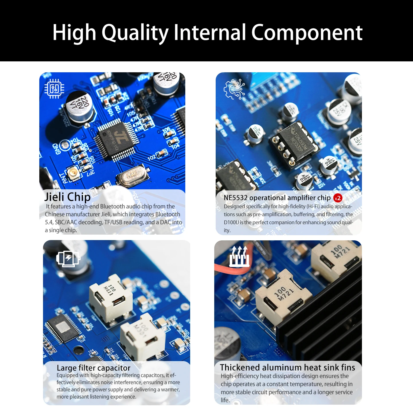 YJCO D100U 블루투스 5.4 스테레오 앰프 TPA3116 듀얼 채널 HiFi 파워 앰프 100W×2 홈 오디오 수신기 USB TF 올인원