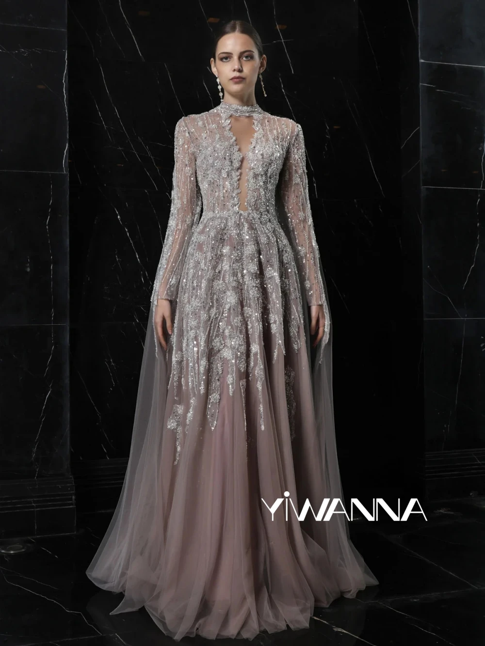 Floral Cape sleeves modest evening gown