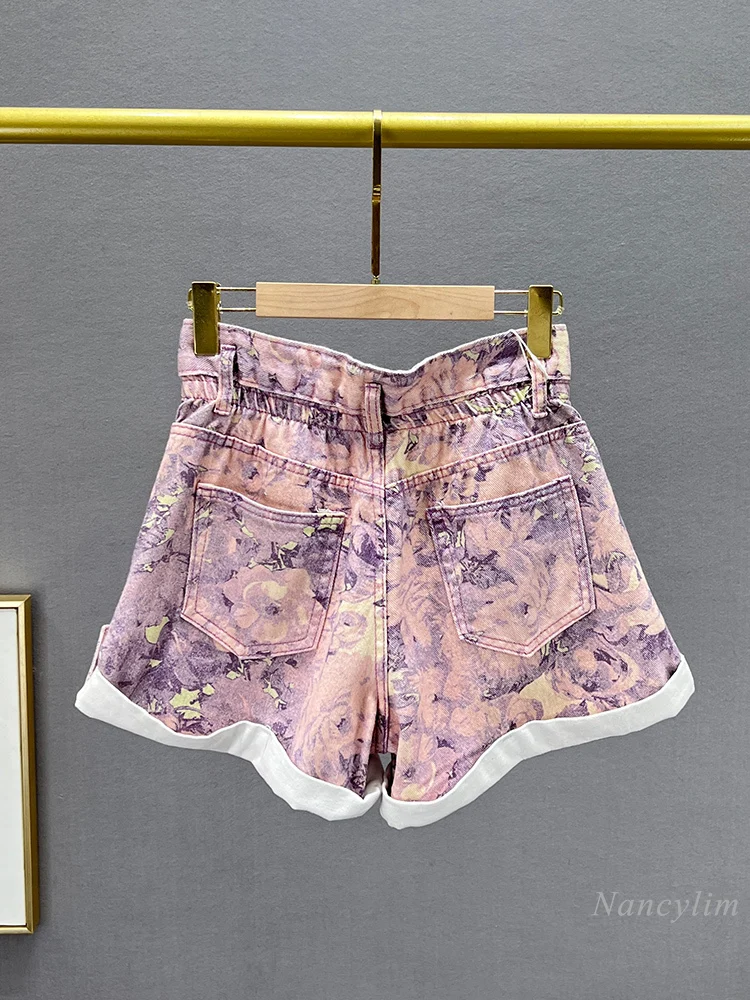 Chinese Style Printed Denim Shorts for Women 2024 New Summer High Waist Loose and Slimming Flanging A- Line Wide-Leg Hot Pants