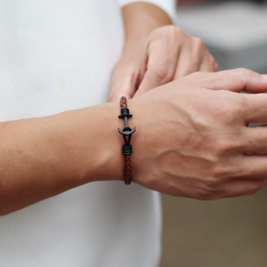 Men Leather Anchor Bracelet Black Punk Bangle