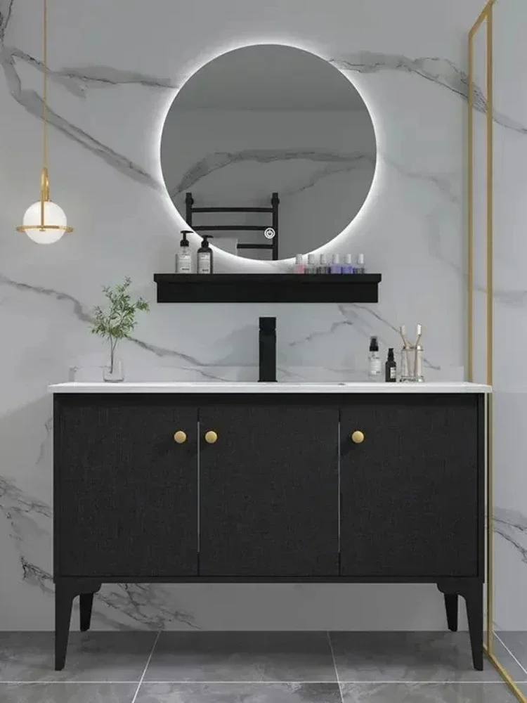 solid wood bathroom vanity with light iron, modern and simple bathroom furniture, standing toilet basin.