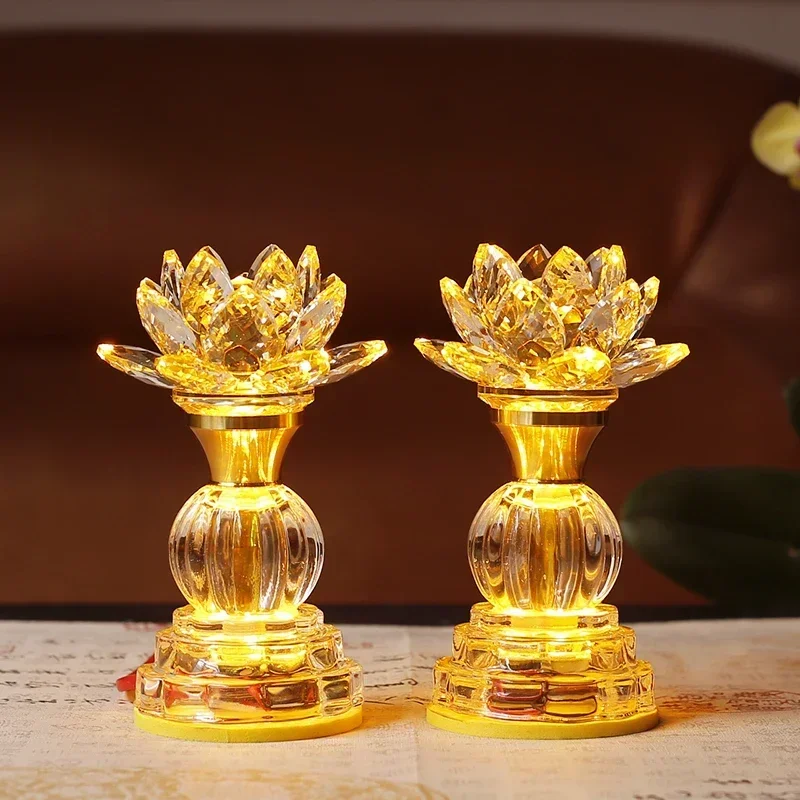 Household LED Crystal Lotus Lamp, Buddhist Decorative Accessories, Seven Color Buddha Supply Lamps, Prayer, Feng Shui, Plug-in