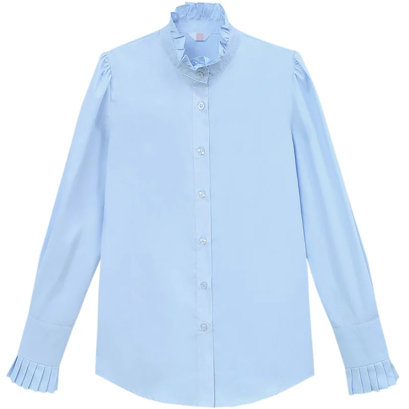 Fashionable Commuter Stand Up Collar White Long Sleeved Shirt For Women'S Spring And Autumn New Ear Edge Versatile Bottom Top jeans for women 2023 new autumn and winter blue pants commuter large women s fat elastic ragged edge split micro horn high waist