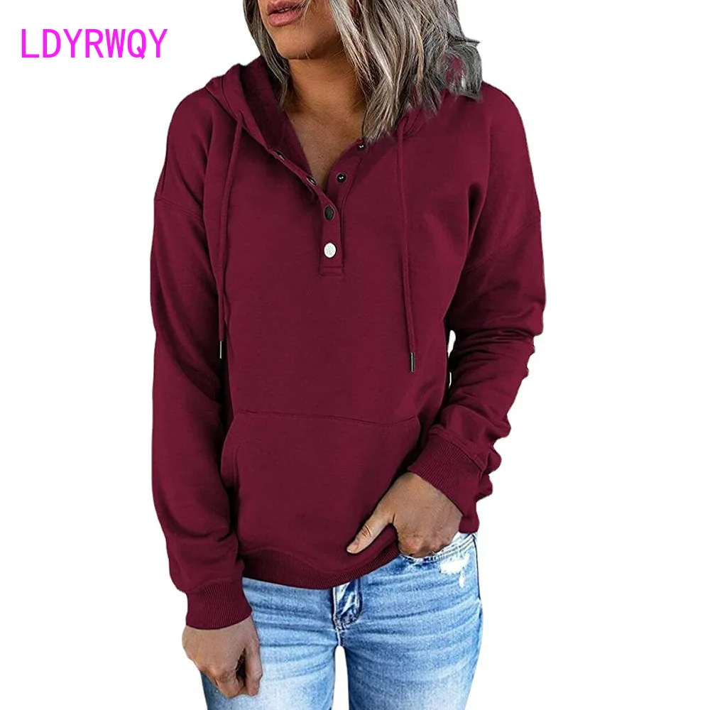 European and American women's long sleeved loose casual hooded drawstring pocket sweater