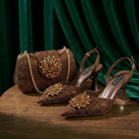 Nouvelles Escarpins et Sac Italiens pour Soirée 2026 Style INS Pointu DURABLE OUTSALE Strass Élégant Couleur Café Talons Hauts pour Femme 3