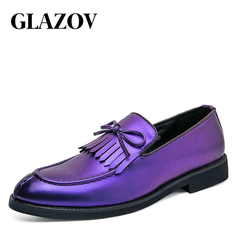 British Style Fashion Purple Men's Dress Shoes Large Size 48 Pointed Leather Shoes Men Low-heel Slip-on Casual Shoes Men Loafers