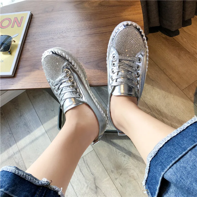 Lucyever Women Crystal Flat Shoes Autumn Fashion Bing Lace Up Ladies Casual Shoes Comfortable Round Toe Platform Sneakers