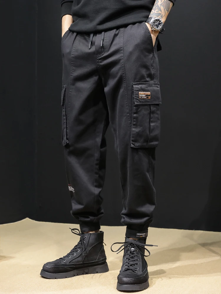 Casual Pants Men's Autumn and Winter Warm Slim-Fitting Ankle-Tied Pocket Decoration Trendy RetroAmerican SolidColor All-Matching