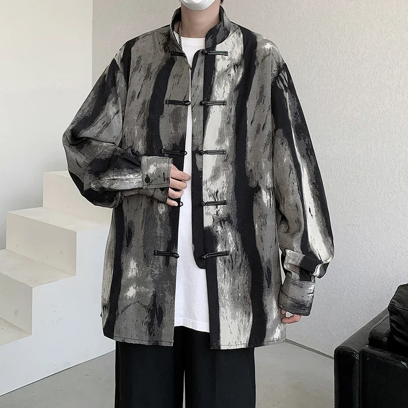 

2023 Chinese Style Men's High Quality Novelty Printed Shirt Loose Pan Button Stand Collar Jacket High Street Japanese Retro Tops