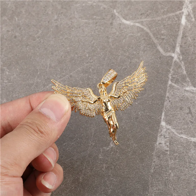 Iced Out Bling Angel Wings Pendant For Men Women Cubic Zirconia Necklace Chain Copper Material Hip Hop Jewelry