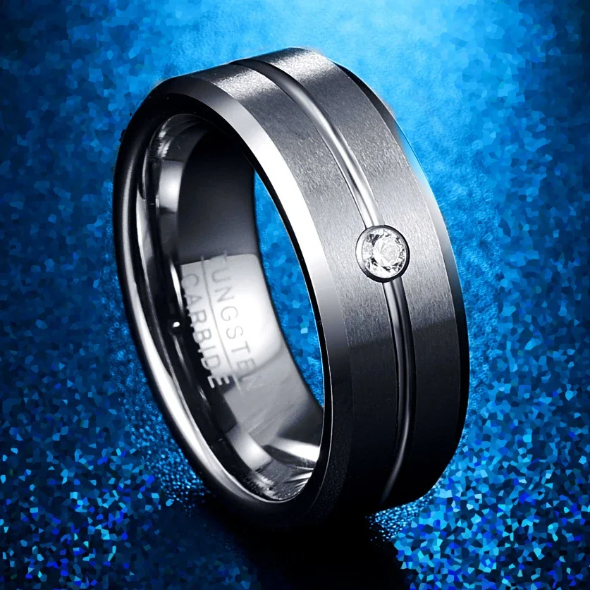 Nuncad Men's 8mm Tungsten Carbide Rings Cubic Zirconia Grooved Tungsten Wedding Band Rings Matte Finish Polished Beveled Edge 4
