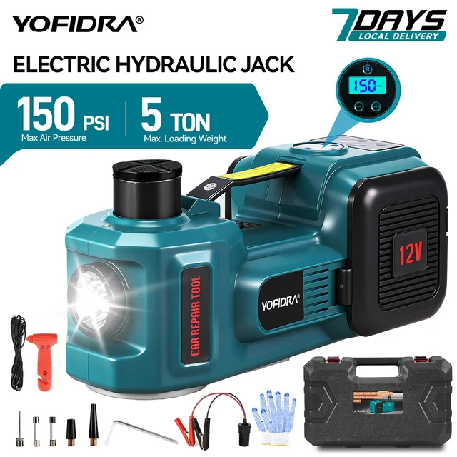 YOFIDRA 150PSI 5T Elektrische Hydraulische Jack Auto Jack 12V Bandenwisselaar Met LED Licht voor Sedan SUV vrachtwagen Banden Garage Reparatie