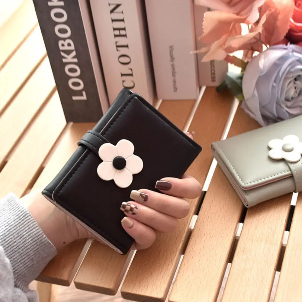Girls Cute Small Wallet Women'S Three Fold Wallet Cash Bag Flower Pu Leather Printed Card Coin Wallet With Id Card Holder