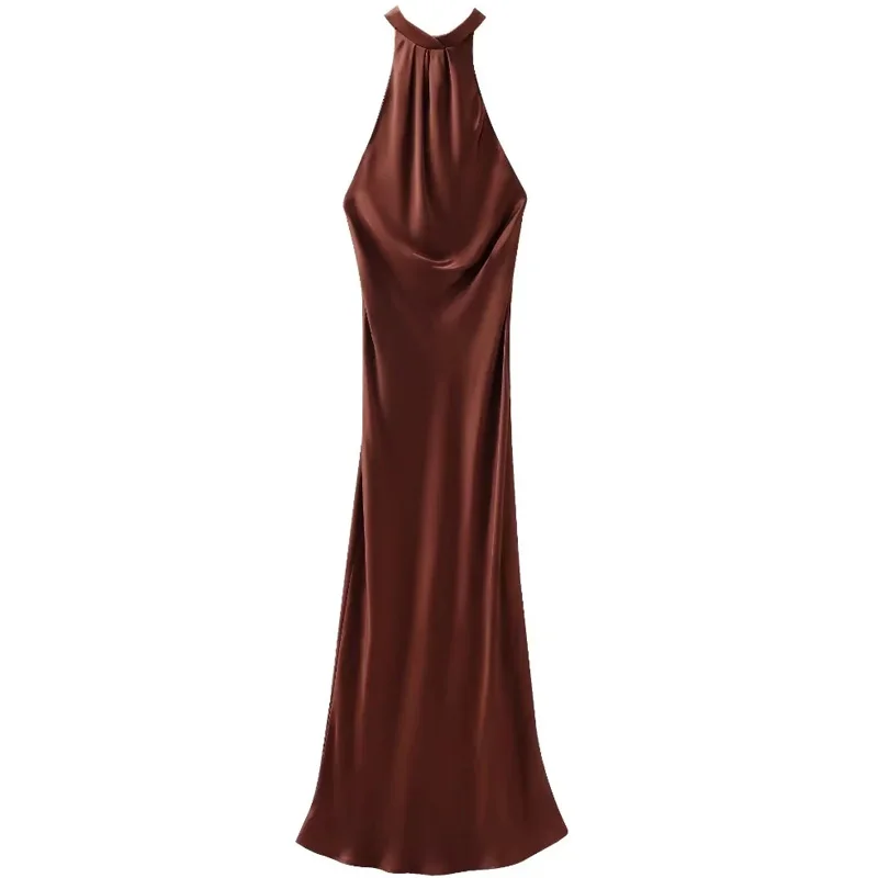 

HXAO 2024 Summer Women Halter Dress Satin Long Dresses With Sleeveless Stuylish Fanshion Dresses Elegant Luxury Evening Dress
