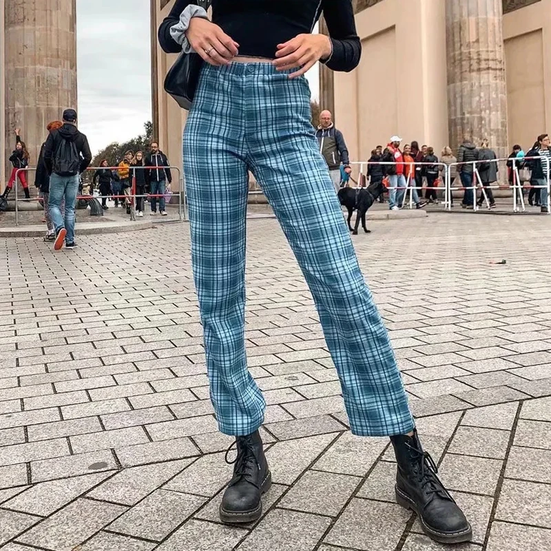 Women Harajuku Retro Plaid Pants Fashion High Waist Straight Pant Women Vintage Trousers Checkered Sweatpant Streetwear Girls
