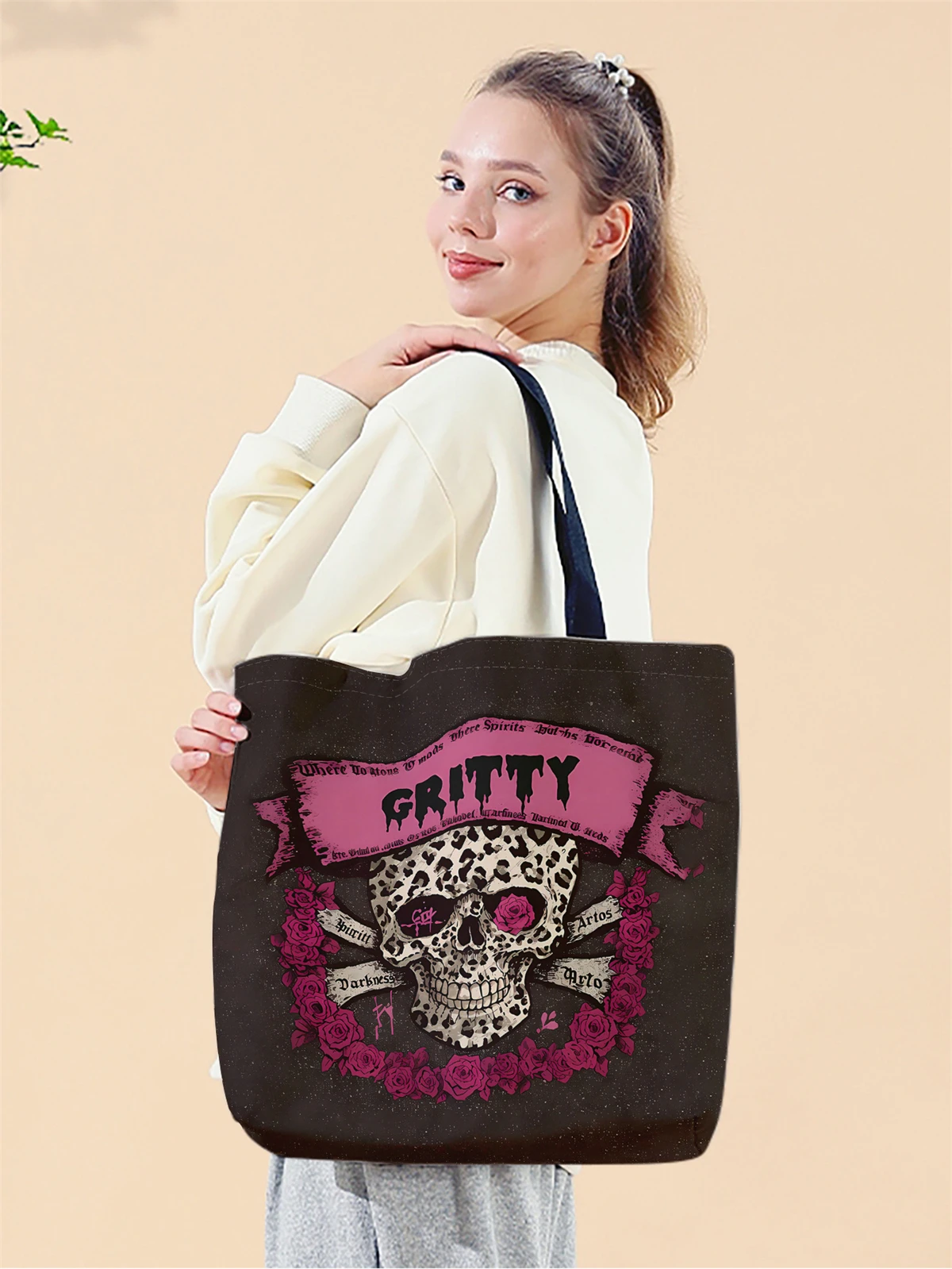 1pc,Halloween skeleton handbag, reusable fashionable handbag, multifunctional handbag, printed canvas shopping bag