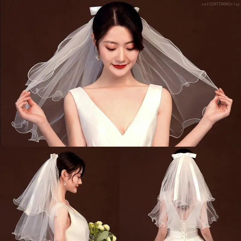 2 Layers Wedding Bridal Veil with Comb Ribbon Bow Embellished Wavy F0S4