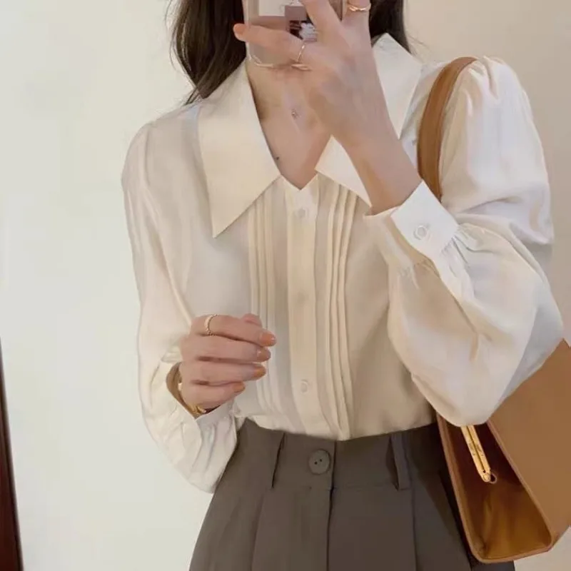 French Style Turn Down Collar White Shirt for Women Thin Tops Vintage Long Puff Sleeve Loose Clothes New Spring 2025 801