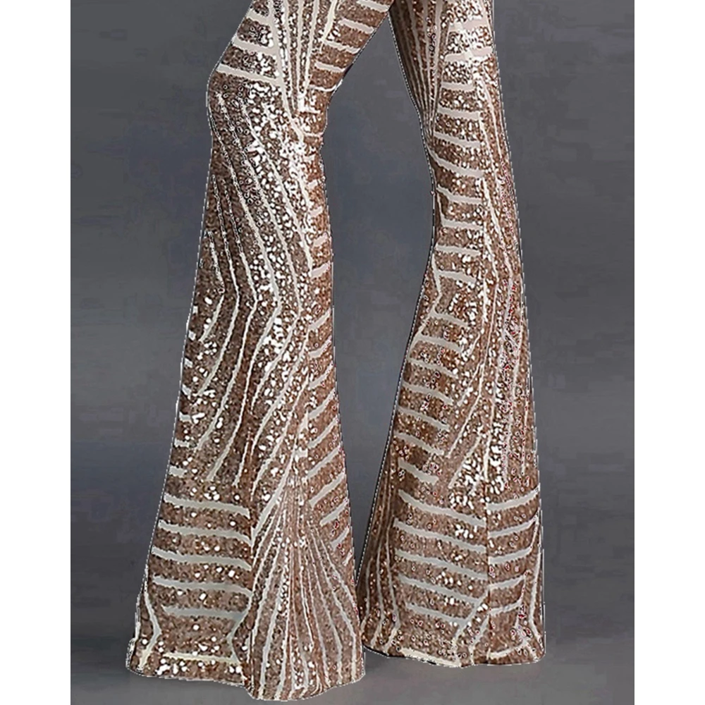 Spring Women Striped Glitter Sequined Design Flared Pants Female Skinny High Waist Long Trousers Streetwear Club y2k Streetwear
