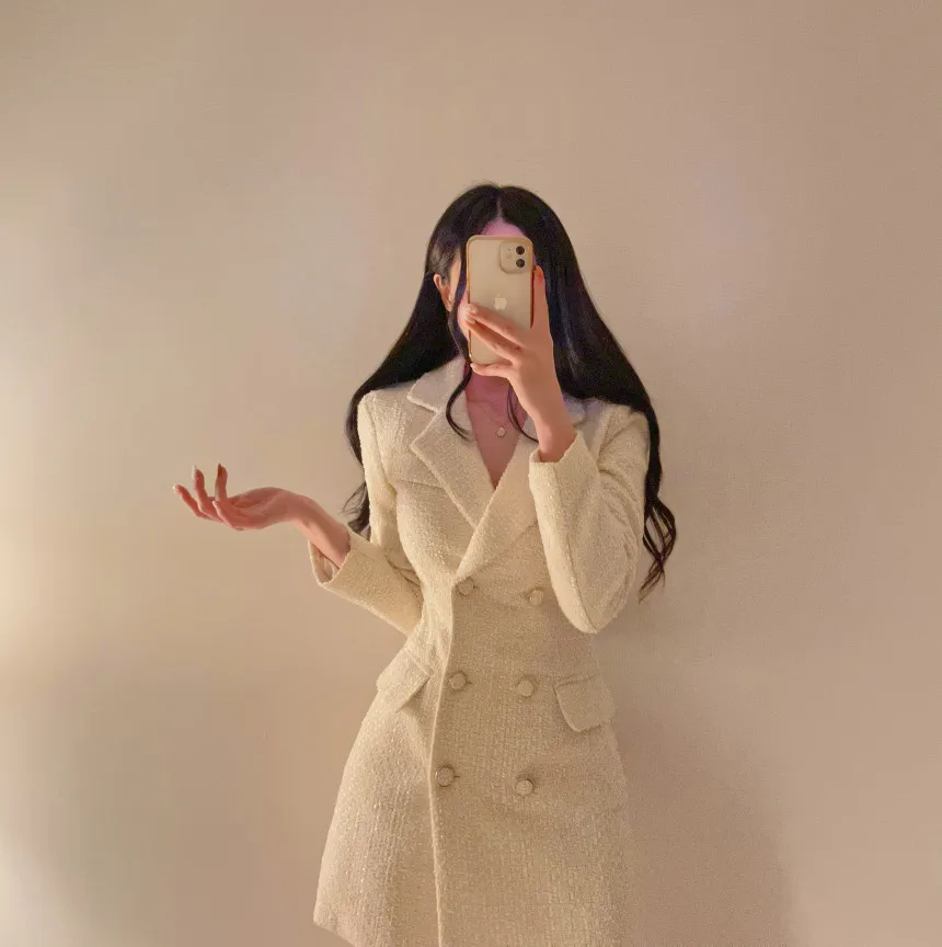 Autumn Winter Elegant Tweed Blazer Dress Double Breasted Slim Short Dresses for Women Korean Fashion Office Lady Coat Dress New