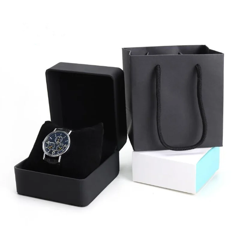 High Quality Black Jewelry Organizer Box Engagement PU Watch Boxes Wedding Birthday Paper Handle Bag Party Gift Carrying Cases