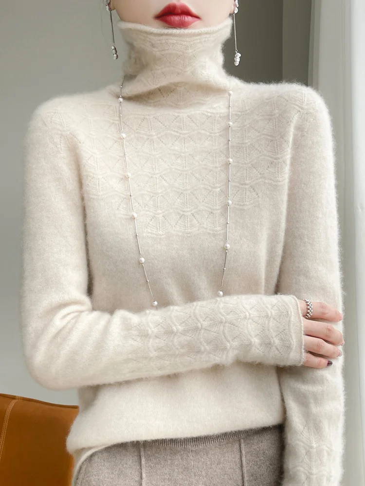 Women Autumn Winter 100% Merino Wool Sweater Turtleneck Pullovers Hollow Long Sleeves Basic Bottoming Shirt Cashmere Knitwear
