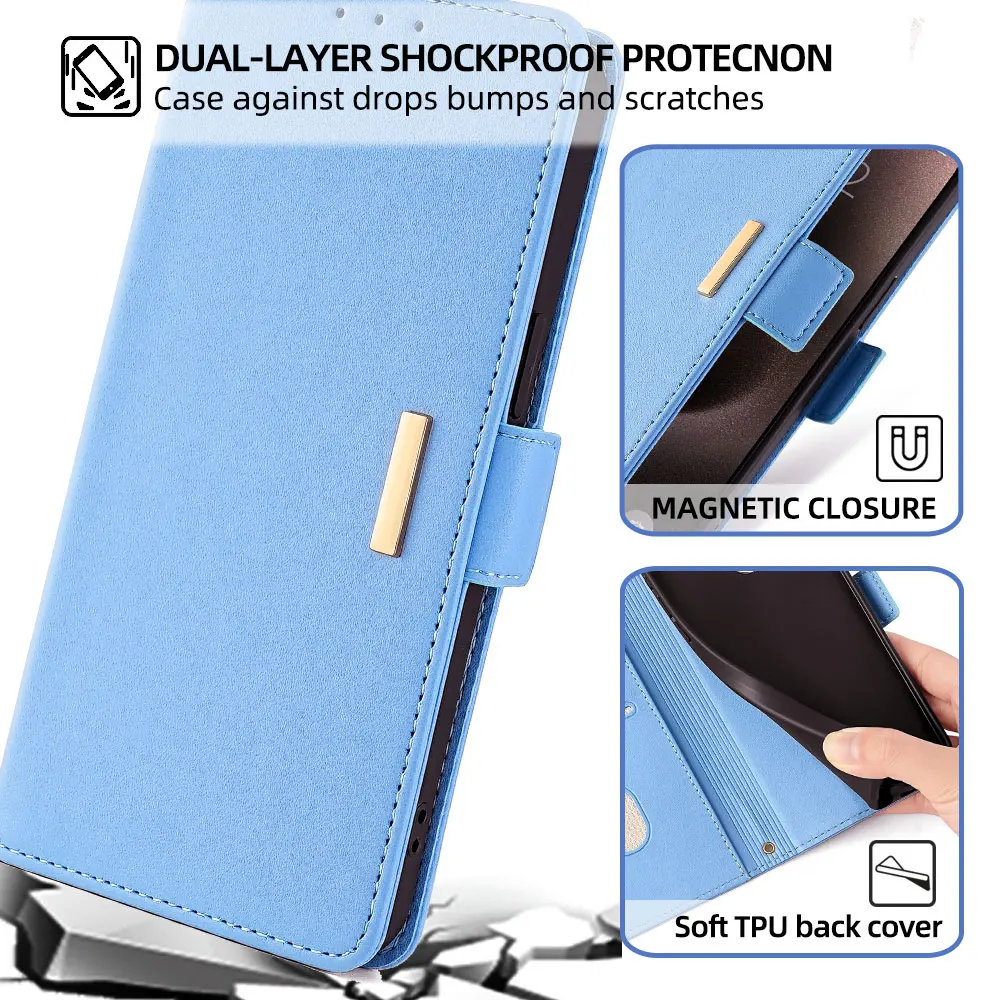 Magnetic Leather Flip Wallet Case with Card Slots and Side Buckle - Shockproof Cover