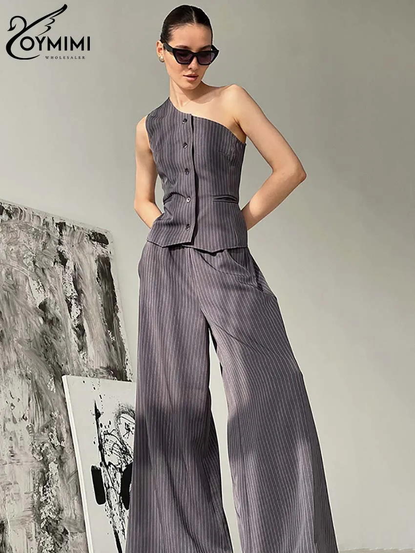 Oymimi Casual Dark Grey Print Two Piece Set For Women Fashion New Skew Collar Single Breasted Tank Tops And Wide Leg Pants Sets