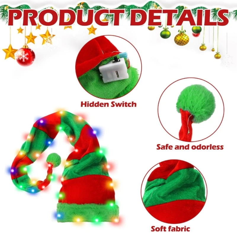 Slouch Baggy Hat Light up for Christmas Photo Props Cheerful Charactor Costume Mischievous Long Caps Hat Santa Helpers