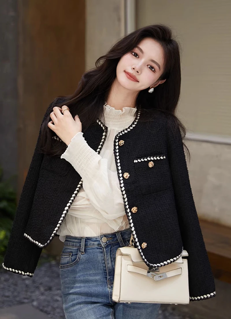Vintage Cropped Tweed Jacket Women Black Quilted Coat Elegant Blazer Winter Ladies Single Breasted Thicken Outerwear Tops