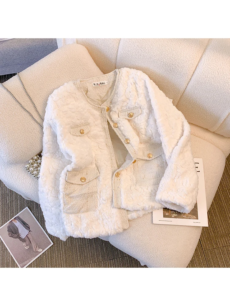 

Korean Fashion Furry Lamb Wool Coats Women Streetwear O-Neck Faux Fur Jackets Woman 2022 Autumn Winter Thick Warm Plush Coat