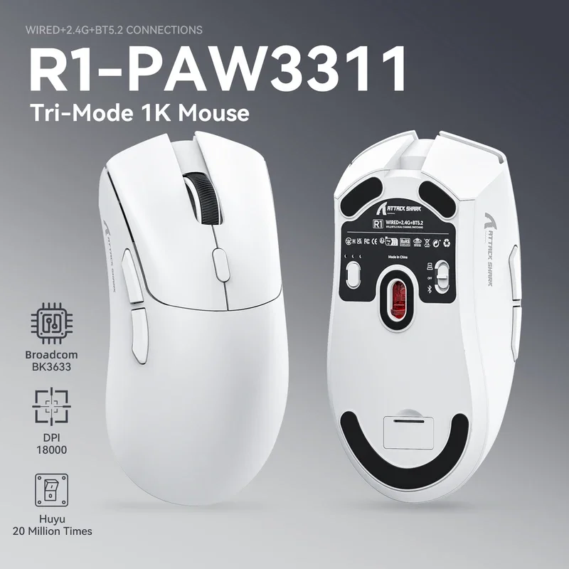 Attack Shark R1 Bluetooth Mouse and Grip Tape not Included Mouse 1000 Hz PAW3311 Sensor,Rechargeable Tri-mode,Ergonomic