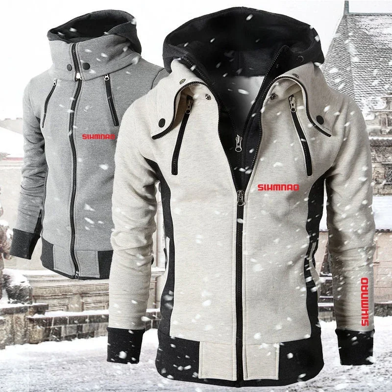 New Fishing Hooded Thickened Sweater Men's Casual Autumn/Winter Multi Pocket Jacket Casual Outdoor Windbreaker Cycling Coat