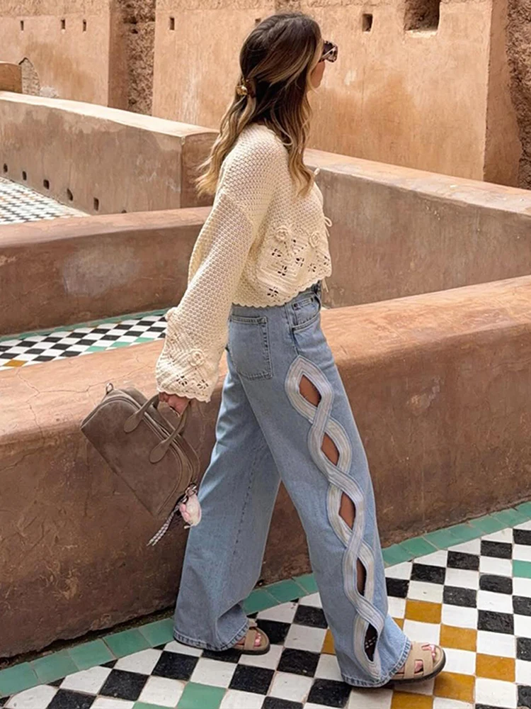 Y2k Fashion Hollow Out Female Jeans Chic Pockets Zipper Wide Leg Denim Pant Blue Lady Summer Streetwear 2026 New Commute 1