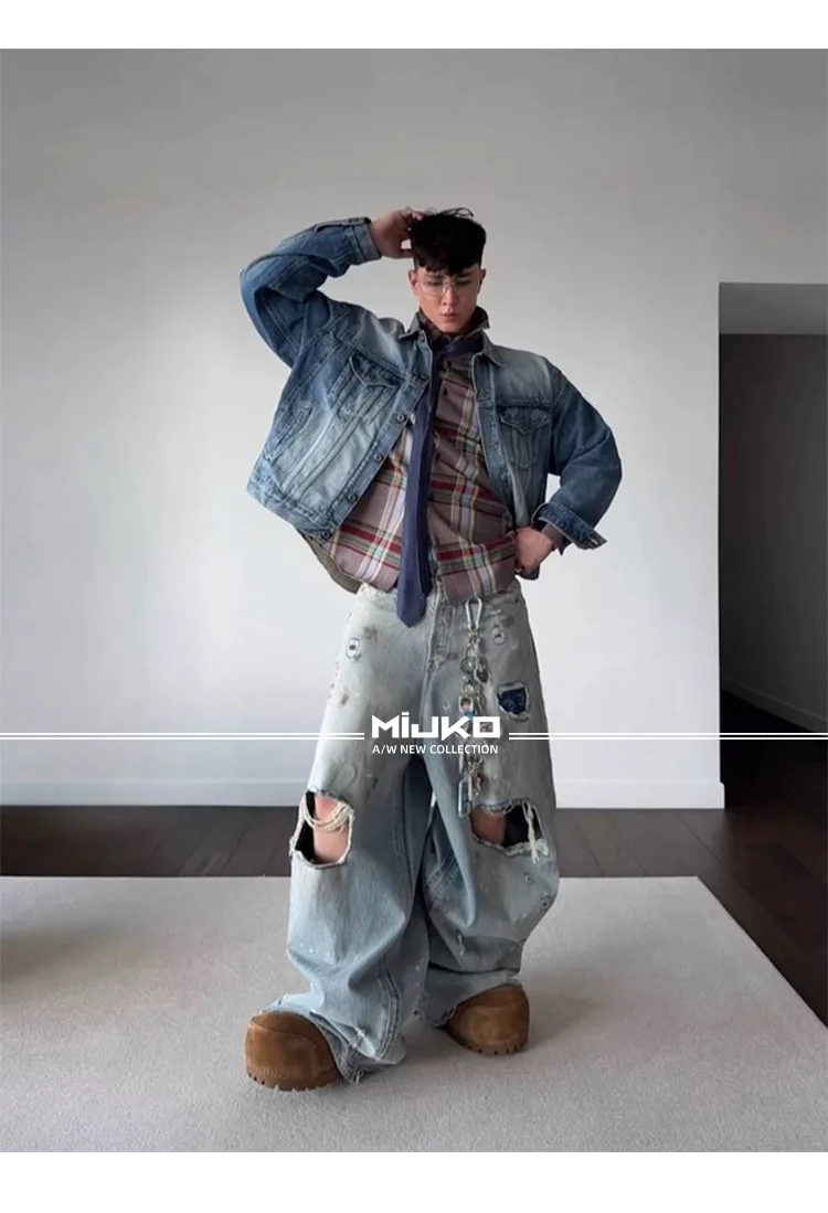 MIJKO Silhouette Floor Length Hole Patched Mud-Dyed Jeans ZJ063