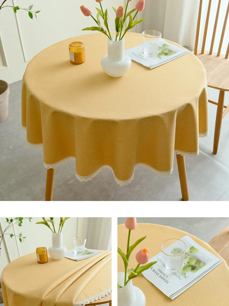 1pc Waterproof and Oil-Proof Round Table Cloth with Lace Edge,Nordic Style Solid