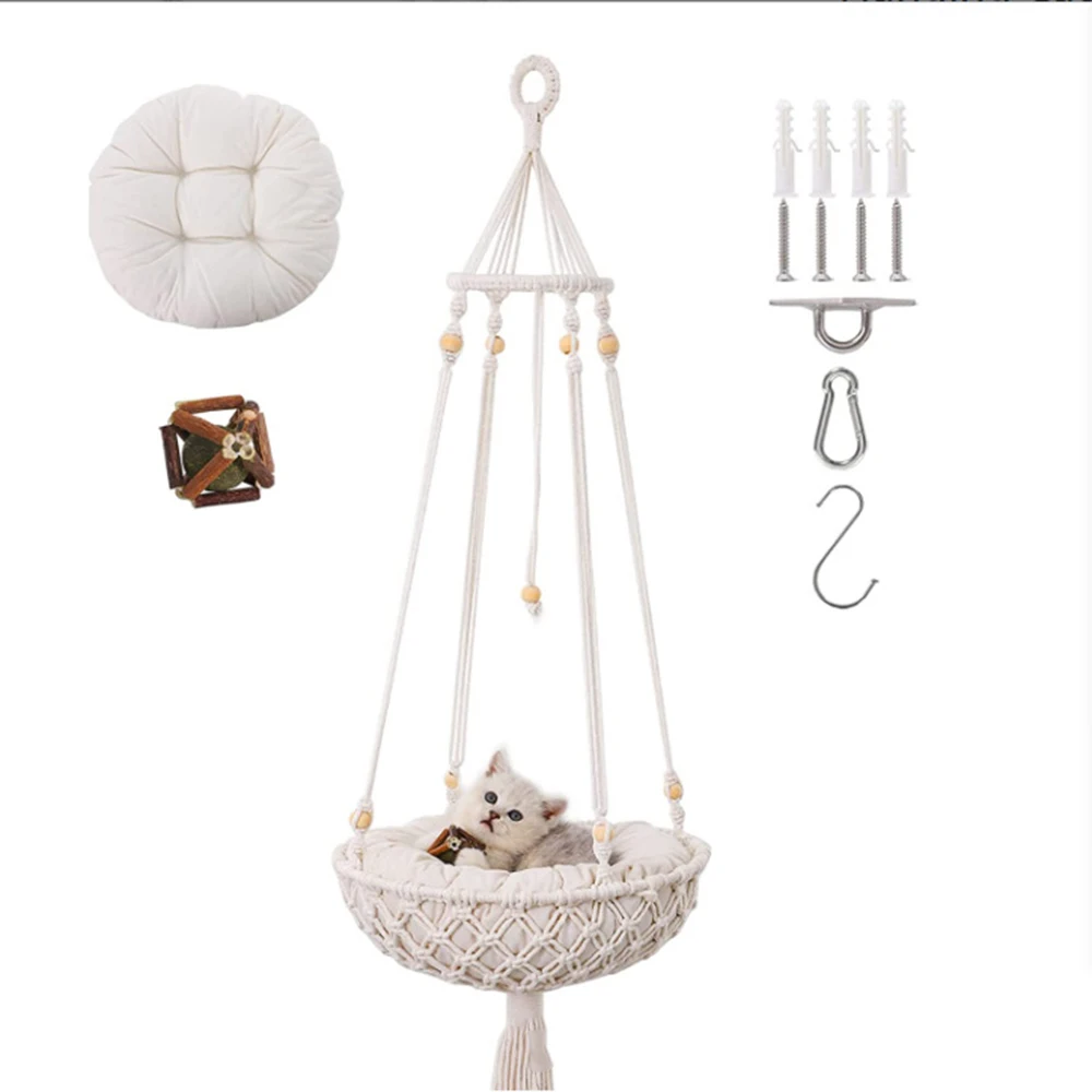 

Hammock Cat Swing With Pad Hand Woven Cotton Rope Cats Hanging Swing Basket Kitten String Den Indoor Pend Pets Supplies