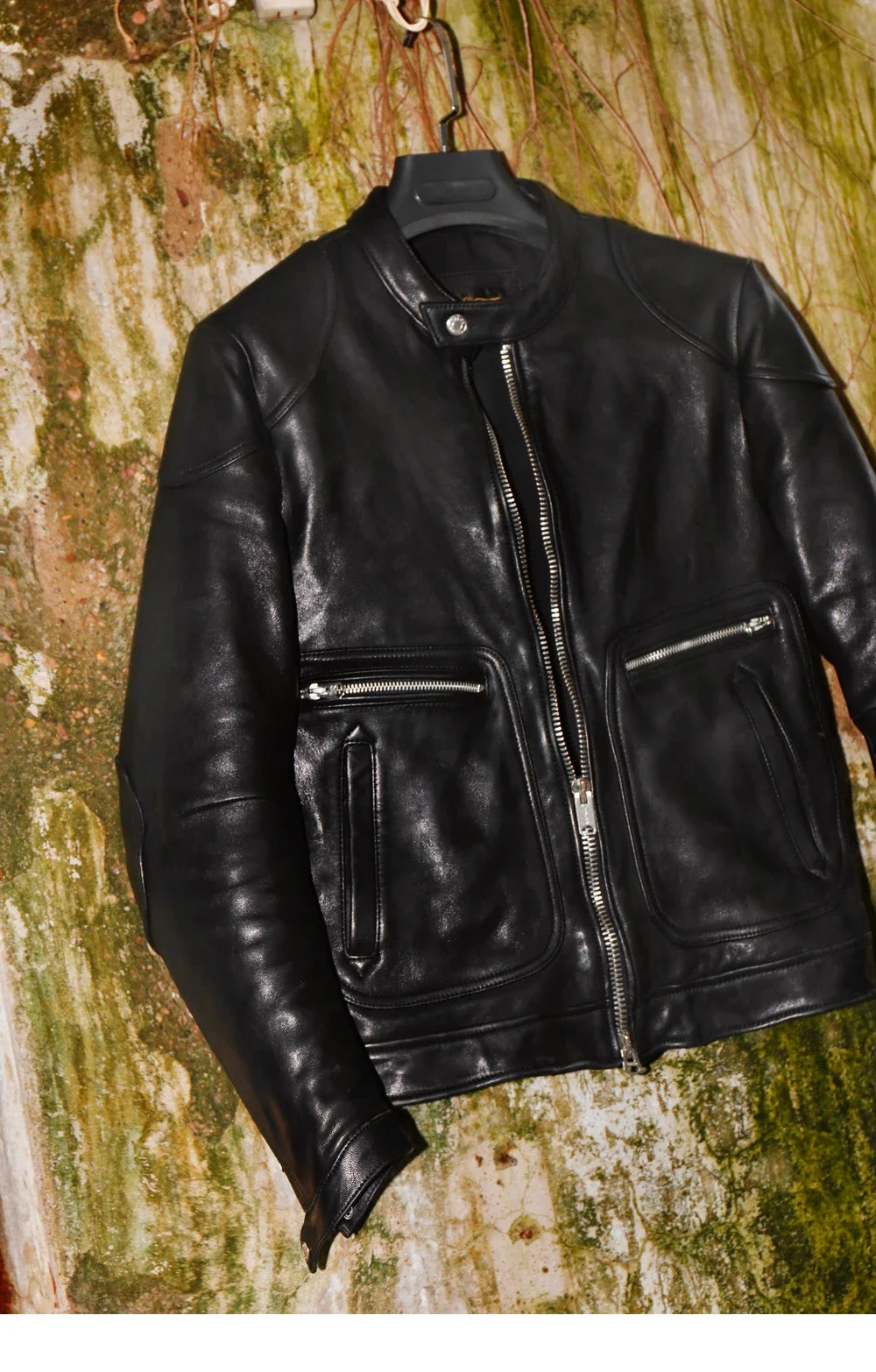 

Free shipping.Brand new Cidu thick tanned black Italy sheepskin jacket.Luxury quality cool rider genuine leather coat.