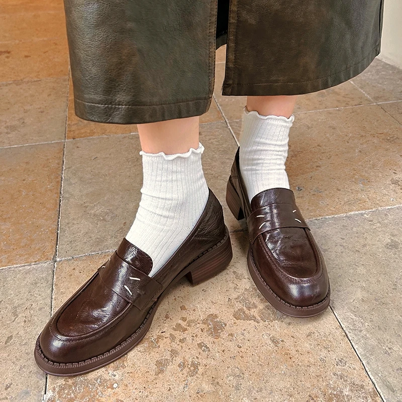 Real Leather Women Loafers Shoes Casual Platform Mid Thick Heels Woman Pumps Shoes Ins Spring New Office Lady Daily Size 34-40