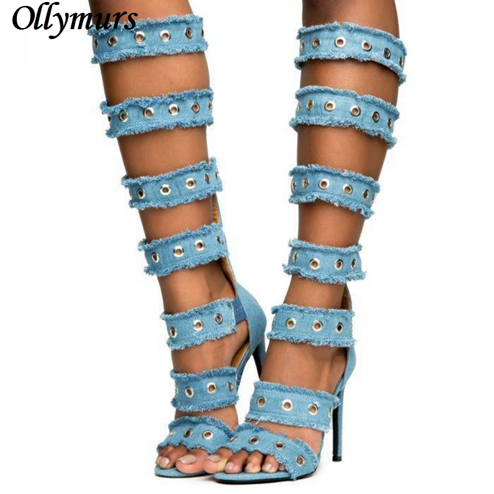 

European light color Denim rivet round head fashion boots sexy sandals knee high boots shoes women